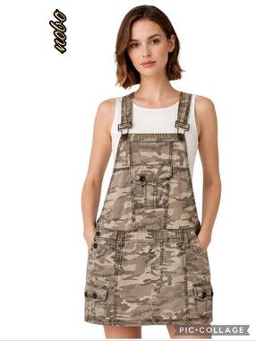Nobo camo overall dress, pockets green beige cream adjust straps hooks on front